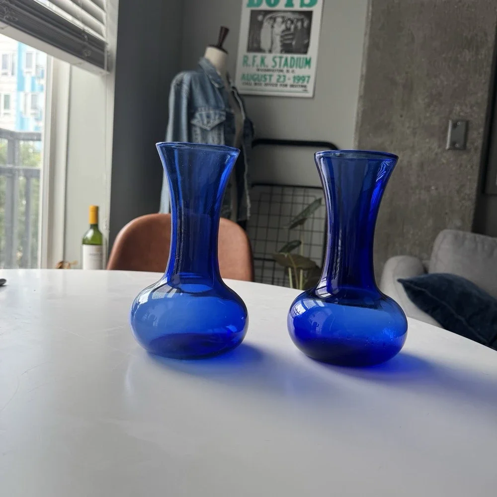 Pair Vintage Cobalt Blue Glass Bud Vases Flared Rim 8